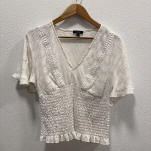 AUW Large Blouse Womens White Smocked Crop Boho Ruffle Short Sleeve Vneck Top